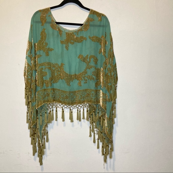 Vintage 1920s Blue Green Sequin Tassel Poncho OS - Picture 2 of 4